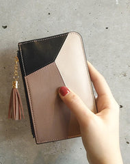 Cute Womens Patchwork Light Coffee Leather Card Wallets with Keychain Zip Card Holder Wallet for Women