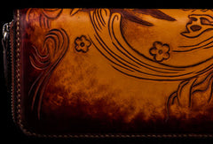 Handmade leather prajn¡§? biker wallet clutch zip long wallet brown leather men phone