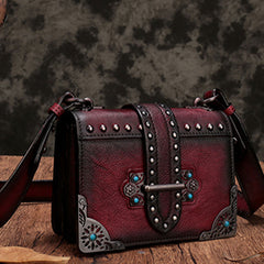 Vintage Brown Leather Small Rivet Shoulder Bag Retro Crossbody Purse For Women