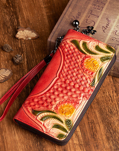 Handmade Black Leather Wristlet Wallet Womens Floral Zip Around Wallets Flowers WW01181072