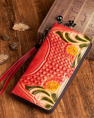 Handmade Black Leather Wristlet Wallet Womens Floral Zip Around Wallets Flowers Ladies Zipper Clutch Wallet for Women