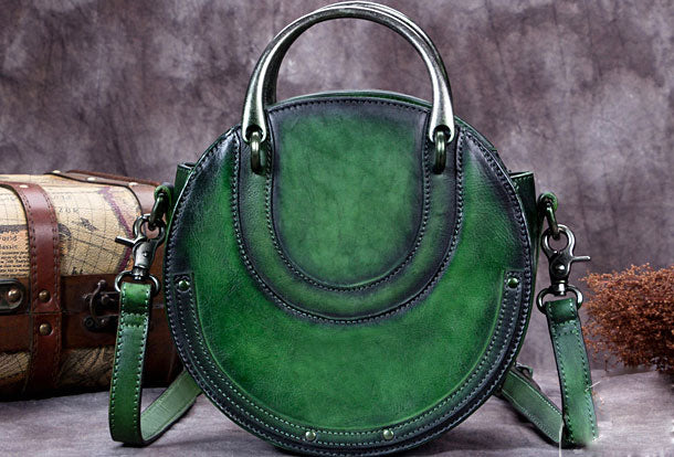 Vintage Womens Green Leather Round Handbag Purses Green Round Shoulder