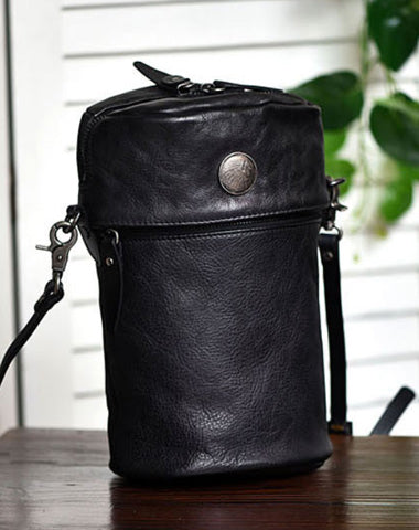 Womens Black Leather Bucket Crossbody Bag Purse Vintage Handmade Round Barrel Shoulder Bag for Women