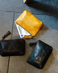 Vintage Women Mini Yellow Leather Zip Coin - Side View
