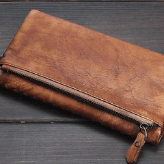 Handmade Leather Mens Cool Long Leather Wallet Trifold Clutch Wallet for Men
