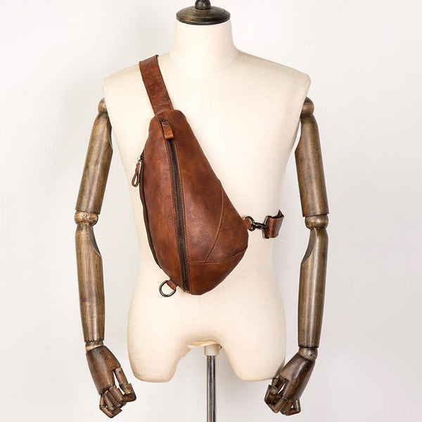 Brown Casual Leather Mens Sling Bag Chest - Back View