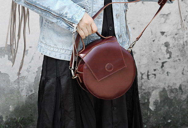 Handmade handbag purse leather round crossbody bag purse shoulder bag for women