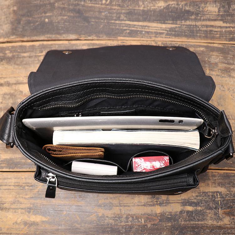 Black Leather Small Zipper Messenger Bag Small Side Bag Black Courier