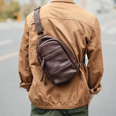 Vintage Dark Brown Leather Mens Chest Bag Red Brown Sling Bag Sling Pack For Men