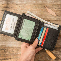 Black Cool Leather Mens Small Wallet Trifold Vintage billfold Wallet for Men