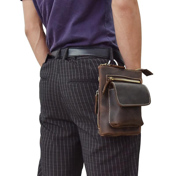 Casual Brown Leather Mini Messenger Bag Men's - Back View