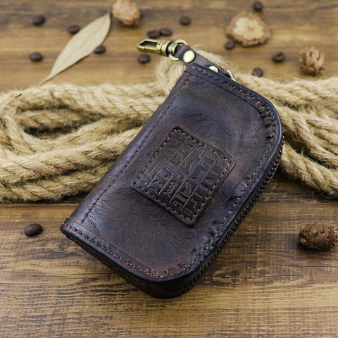 Black Leather Mens Small Car Key Wallets Brown Key Holder Car Key Pouc