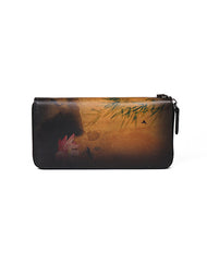 Handmade Womens Leather Zip Around Wallet Wash Painting Flowers Wristlet Wallet Ladies Zipper Clutch Wallet for Women