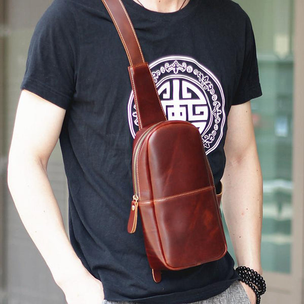 Brown Cool Leather Mens Sling Bag Chest - Back View