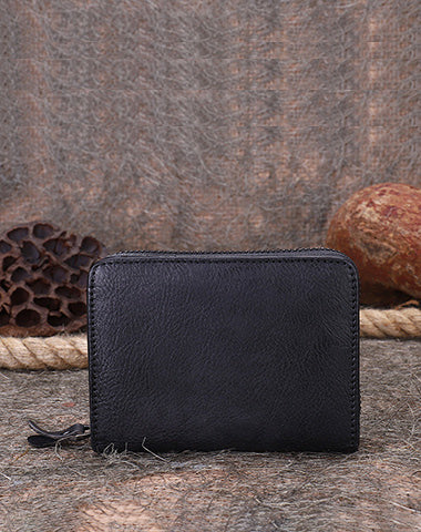 Vintage Women Black Gray Leather Small Wallet with Zip Around Card Holders Bifold Small Wallet Billfold For Women