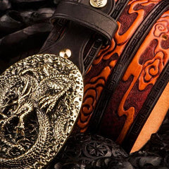Handmade Leather Tooled Chinese Dragon Mens Belt Custom Cool Leather Men Belts for Men