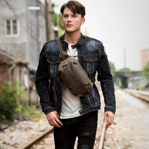 Casual Dark Brown Leather Mens One Shoulder - Back View
