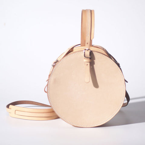 Handmade Womens Beige Leather Circle Handbag Round Purse Crossbody Bag for Women