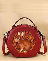 Cutest Womens Red Leather Round Handbag Bunny Crossbody Purse Vintage Round Shoulder Bags for Women