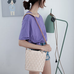 Handmade Leather Beige Braided Womens Handbag Crossbody Purse Shoulder Bag for Women