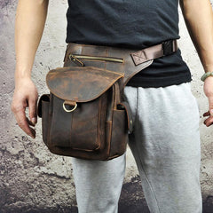Cool Dark Brown Leather Mens Drop Leg Bag Belt Pouch Waist Bag Small Shoulder Bag For Men