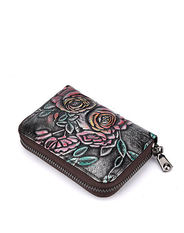 Womens Silver Leather Small Zip Around Wallet Rose Billfold Wristlet Wallet Floral Ladies Zipper Small Card Wallet for Women