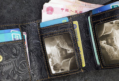 Handmade billfold trifold leather wallet flowral leather billfold wallet for men women - EverHandmade
