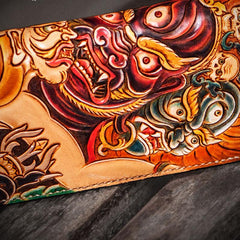 Handmade Leather Tooled Mahākāla Mens Zipper Long Wallet Cool Leather Wristlet Wallet for Men