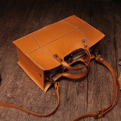 Brown Womens Handmade Leather Box Handbag Tote Brown Shoulder Bag Crossbody Purse For Women