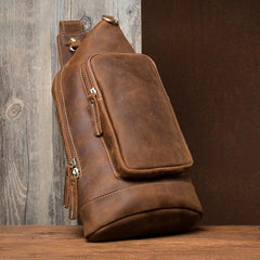 Brown Casual Leather Mens 8 inches Sling Bags Chest Bags One Shoulder Backpack for Men