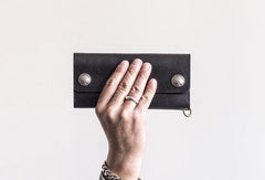 Cool Handmade leather biker chain wallets leather chain men Black long wallet - EverHandmade