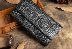 Handmade Long Leather Wallet Carved Vintage Wallet Botton Clucth Purse For Men Women - EverHandmade