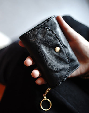 Cute Women Tan Leather Mini Wallet with Keychain Billfold Minimalist Coin Wallet WW00681100