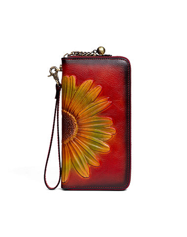 Womens Red Leather Zip Around Wallets Sunflower Wristlet Wallets Flower Ladies Zipper Clutch Wallet for Women