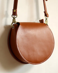 Cute Coffee LEATHER Around Side Bag Handmade WOMEN Circle Crossbody BAG Phone Purse FOR WOMEN