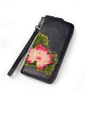 Womens Lotus Flower Black Leather Zip Around Wallet Wristlet Wallet Flower Ladies Zipper Clutch Wallet for Women