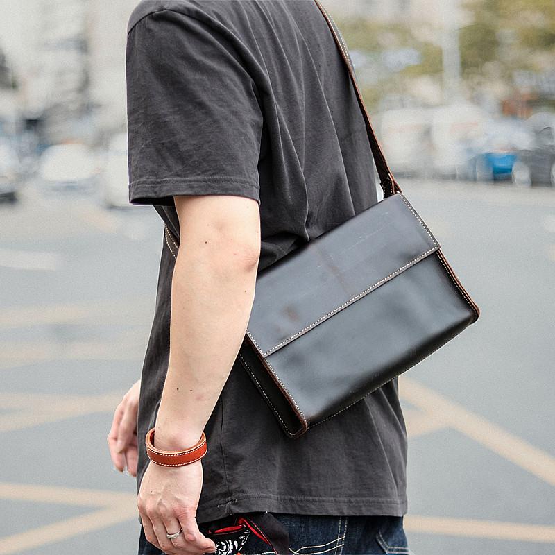 Dark Coffee Leather Mens Casual Small Courier Bag Messenger Bags Amber Postman Bag For Men