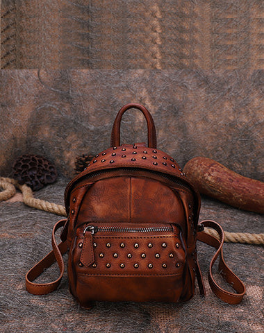 Best Vintage Rivets Brown Leather Rucksack Womens Small School Rucksack Leather Backpack Purse