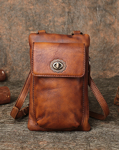 Brown Leather Womens Phone Shoulder Bag Small Vertical Side Bag Handmade Crossbody Purse for Ladies