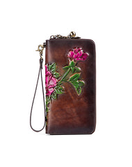 Womens Leather Zip Around Wallets Peony Flower Wristlet Wallets Floral Ladies Zipper Clutch Wallet for Women