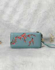 Handmade Embroidery Pink Leather Wristlet Wallet Womens Zip Around Wallets Flowers Plum Blossom Ladies Zipper Clutch Wallet for Women