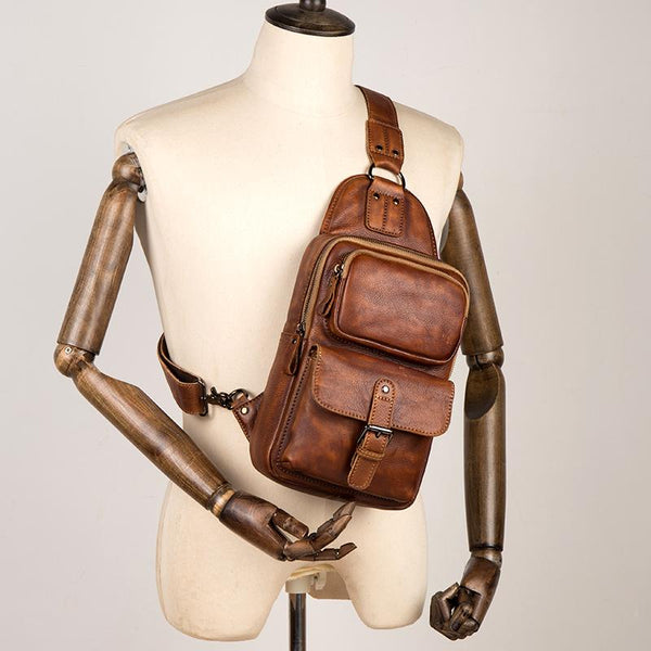 Casual Brown Leather Mens Sling Pack Sling - Back View