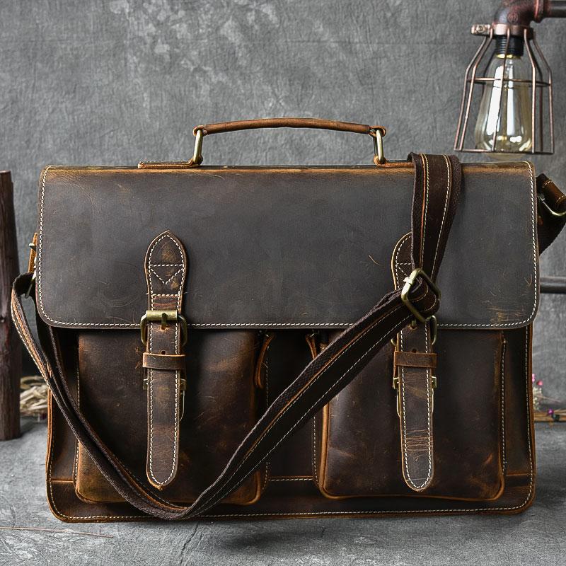 Vintage Leather Mens 14" Brown Laptop Briefcase Business Brown Briefcase For Men