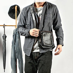 Black Cool Leather Mens Small Postman Bag Vertical Messenger Bag Black Courier Bags For Men