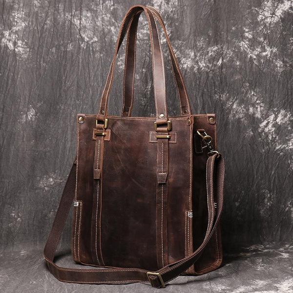 Handmade Brown LEATHER Mens Womens Tote Messenger - Back View