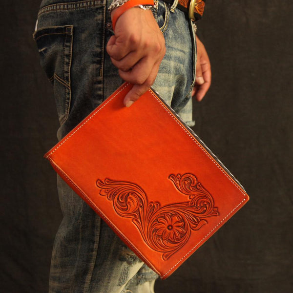 Cool Handmade Tooled Leather Tan Floral Clutch - Back View