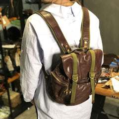Genuine Leather Mens Cool Backpack Large Coffee Travel Backpack Hiking Backpack for men