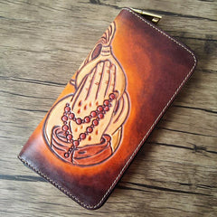 Brown Handmade Ganesha Leather Long Wallet Zipper Wallet Clutch Wallet For Men