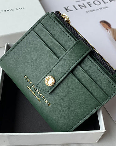 Minimalist Women Green Vegan Leather Small Wallet BILLFOLD Card Holder