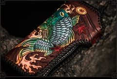 Handmade Leather Tooled Carp Mens Biker Chain Wallet Cool Leather Wallet Long Chain Wallets for Men